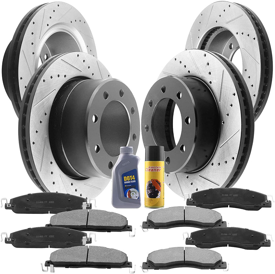 Front & Rear Drilled & Slotted Disc Brake Rotors + Ceramic Pads + Cleaner & Fluid Fits for 2009-2010 Dodge Ram 2500 3500 Pickup, Ram 2500 3500 4000