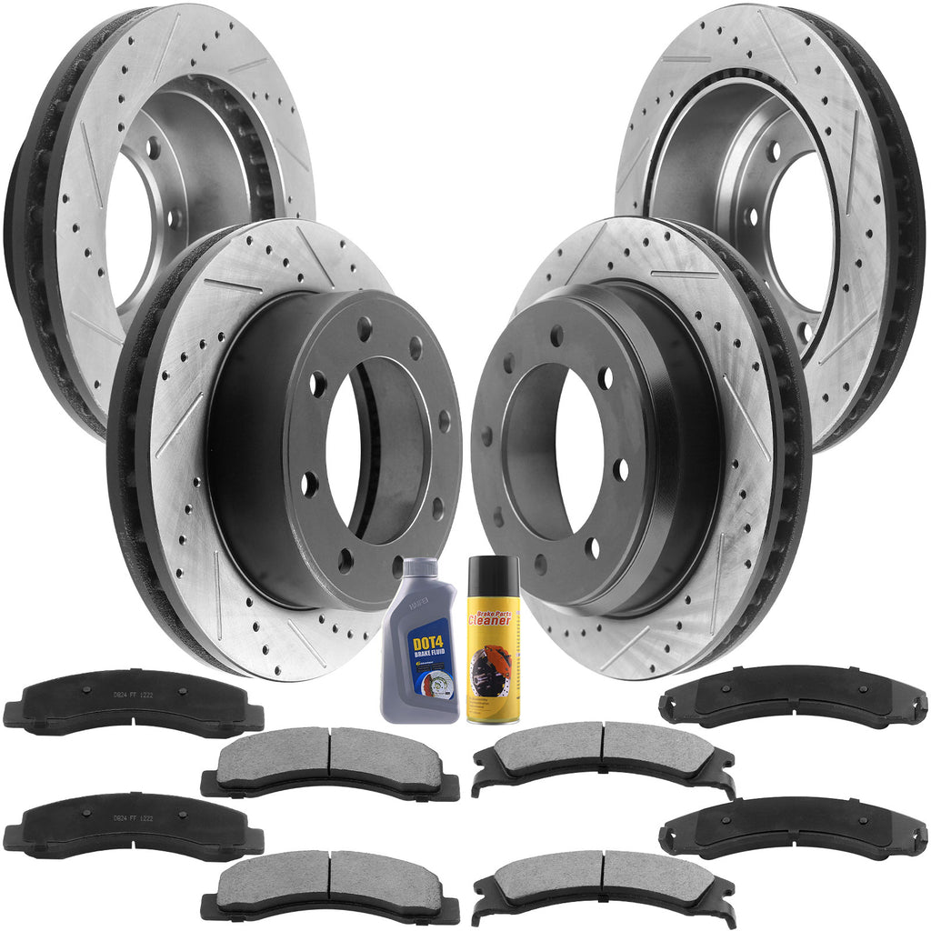 Front & Rear Brake Discs Rotors w/Ceramic Brake Pads w/Cleaner & Fluid Fit Ford Excursion Ford F-250 F-250 Super Duty 8 Lugs-54078 54074