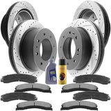 Front Rear Drilled Slotted Disc Brake Rotors + Ceramic Pads + Cleaner Fluid Fits for Chevy Silverado 2500 HD 3500 HD, GMC Sierra 2500 HD 3500 HD