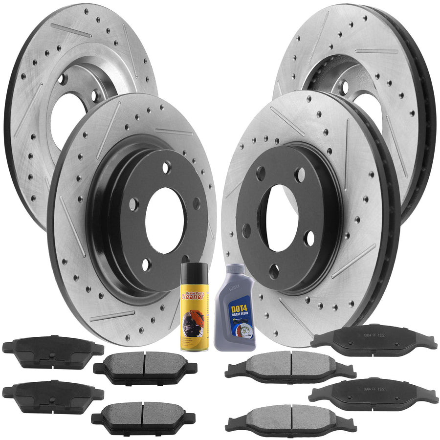 Front Rear Drilled & Slotted Brake Rotors + Ceramic Brake Pads + Cleaner & Fluid Fit for 1999 2000 2001 2002 2003 2004 Ford Mustang, 5 Lugs(Bolts Not Included)-54011 54017