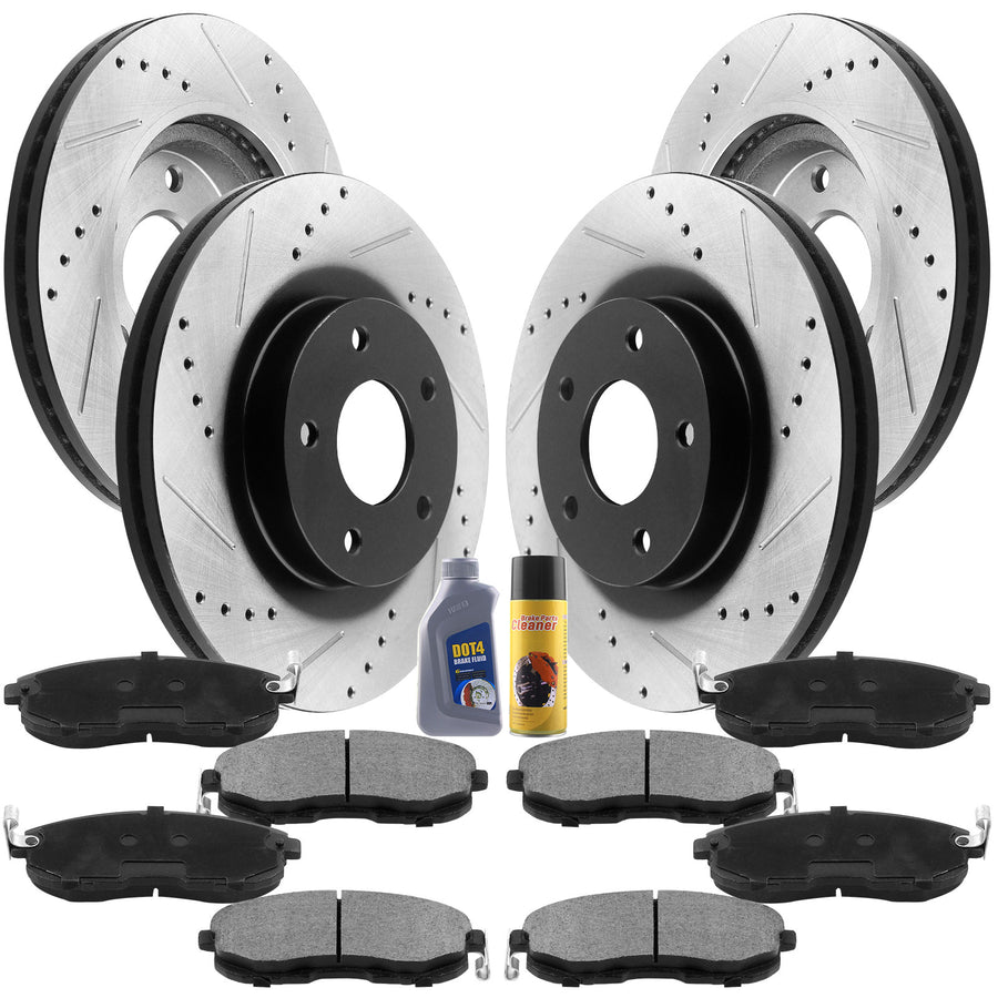 Front & Rear Drilled & Slotted Disc Brake Rotors + Ceramic Pads + Cleaner & Fluid Fits for 2015 2016 2017 Ford Edge