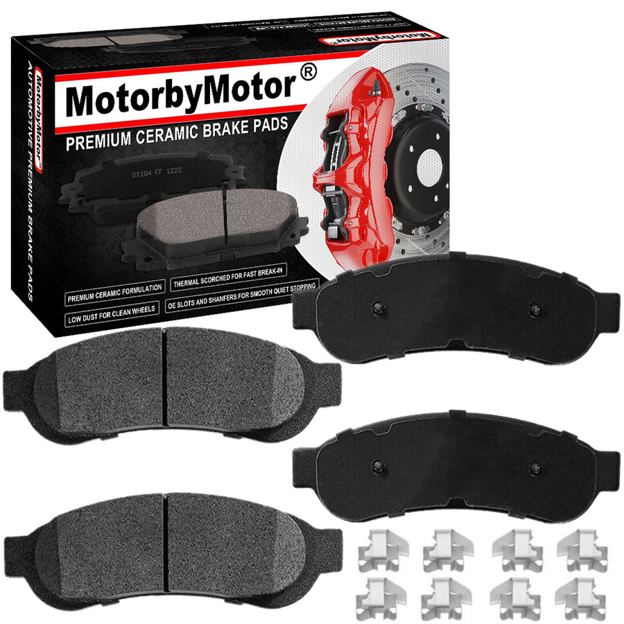 MotorbyMotor Rear Ceramic Brake Pads with Hardware Kits for Ford F-250 F-350 F-450 Super Duty Low Dust Brake Pad