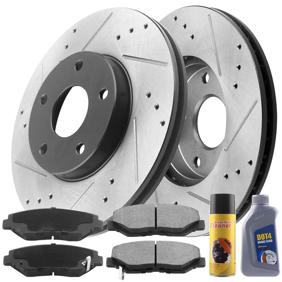 MotorbyMotor Rear Brake Rotors & Brake Pad Kit 300mm Drilled & Slotted Design Including CLEANER DOT4 FLUID Fits for Ford Mustang 2005-2014-All Models