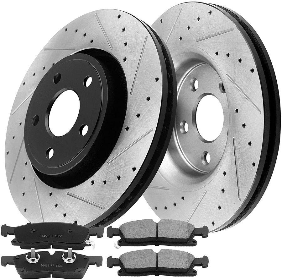 MotorbyMotor Front Brake Rotors 296mm Drilled & Slotted Design Brake Rotor & Brake Pad kit Fits for Infiniti I35, Nissan Maxima Altima