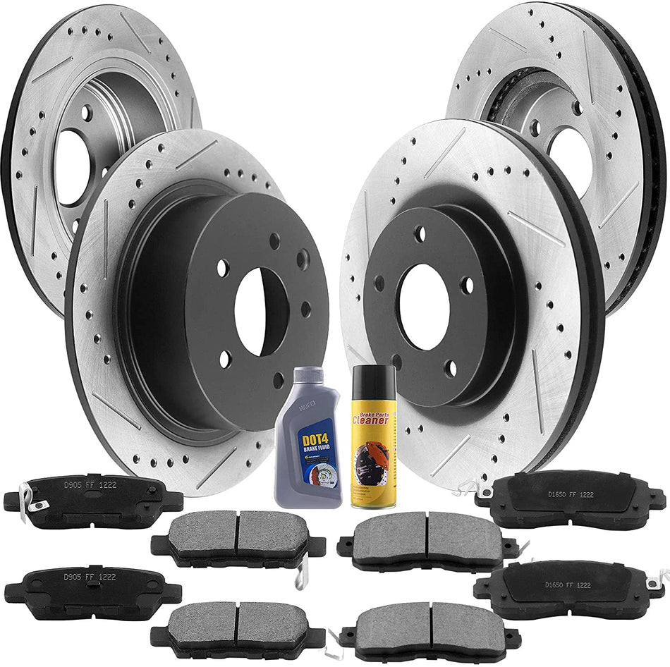 Front & Rear Drilled & Slotted Disc Brake Rotors + Ceramic Pads + Cleaner & Fluid Fits for 2013 Nissan Altima (Sedan Models ONLY), 2014-2017 Nissan Altima (All Models)