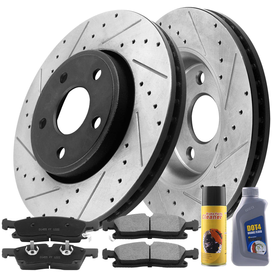 Front Drilled and Slotted Disc Brake Rotors w/Ceramic Brake Pads + Cleaner & Fluid for 2011-2017 Dodge Durango, Jeep Grand Cherokee 5 Lugs-53062