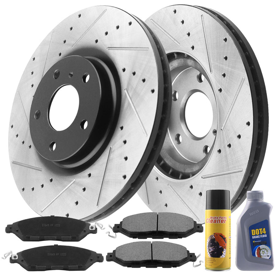 Front Drilled & Slotted Disc Brake Rotors + Ceramic Pads + Cleaner & Fluid Fits for Infiniti JX35 Q60 Q50 QX50 QX60, Nissan Murano Pathfinder