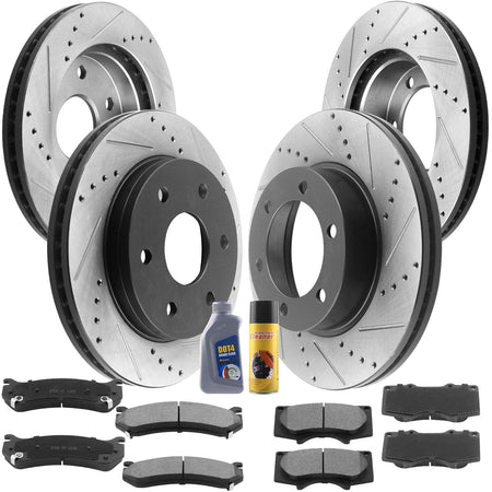 Front Rear Drilled Slotted Disc Brake Rotors + Ceramic Pads + Cleaner Fluid Fits for Chevy Astro/Avalanche 1500 /Silverado 1500 /Suburban 1500 /Tahoe 1500, GMC Safari/Sierra 1500 /Yukon/Yukon XL