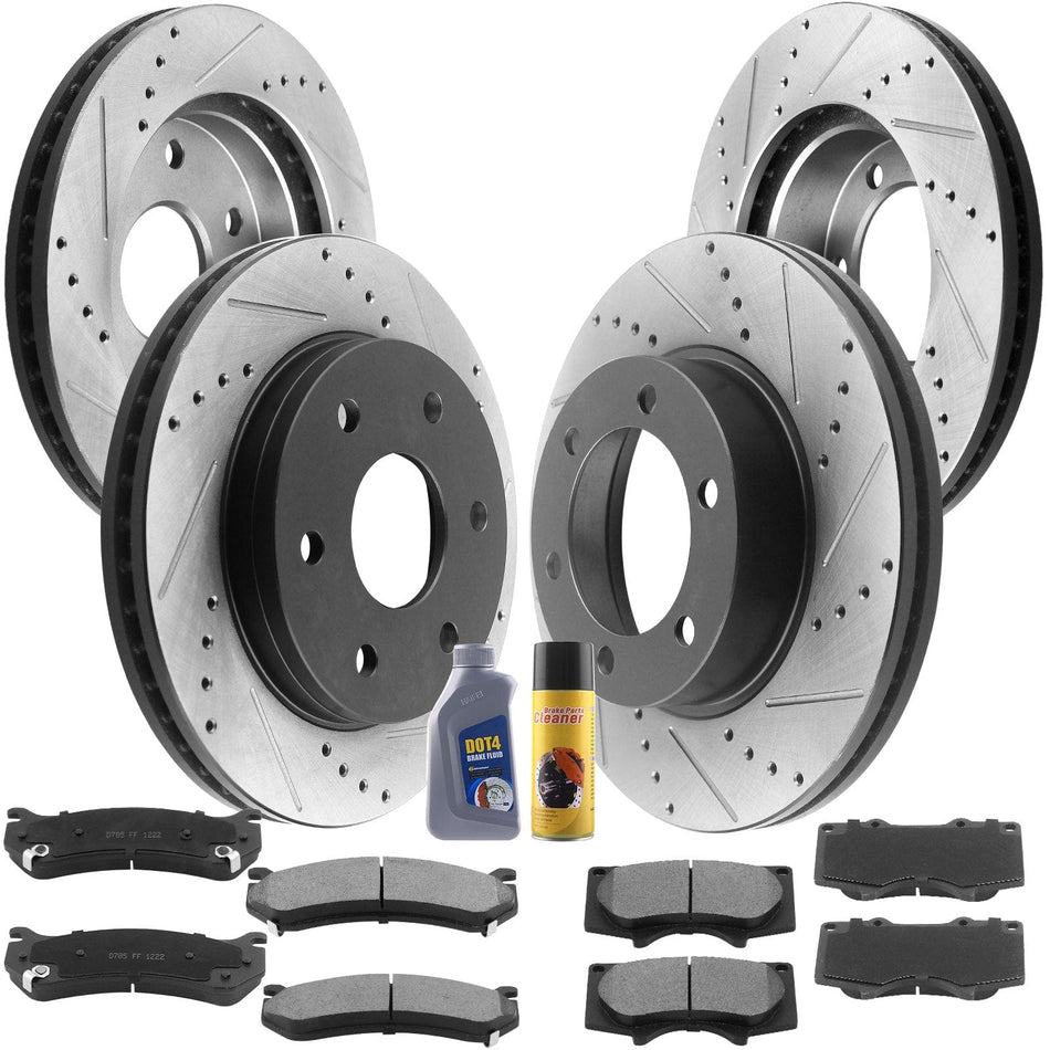 Front Rear Drilled Slotted Disc Brake Rotors + Ceramic Pads + Cleaner Fluid Fits for Chevy Astro/Avalanche 1500 /Silverado 1500 /Suburban 1500 /Tahoe 1500, GMC Safari/Sierra 1500 /Yukon/Yukon XL