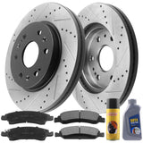 Front Drilled Slotted Bake Rotors W/Ceramic Brake Pads + Cleaner & Fluid Fit Cadillac Escalade ESV EXT XTS, Chevy Avalanche Silverado 1500 Suburban 1500 Tahoe,GMC Yukon XL,6 Lug Count-55097