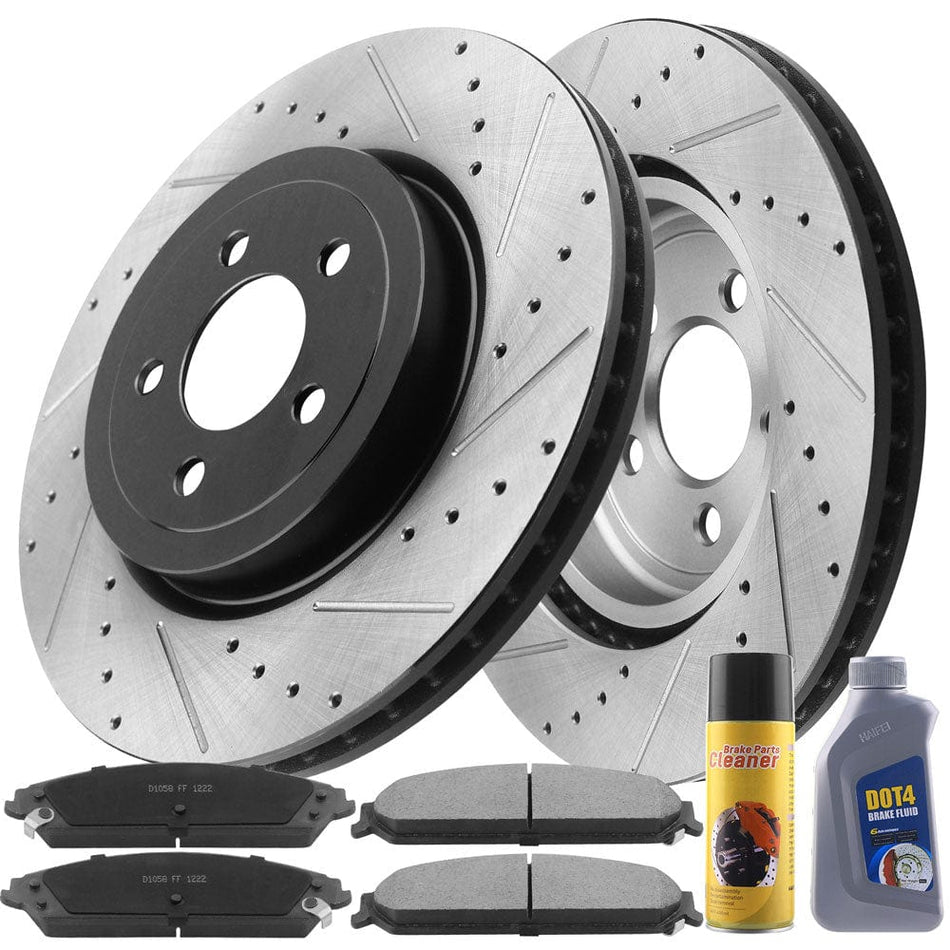 MotorbyMotor 345mm Front Drilled & Slotted Brake Rotors w/Ceramic Pads + Cleaner Fluid for Chrysler 300, Dodge Challenger Charger Magnum 5.7L or V6 AWD