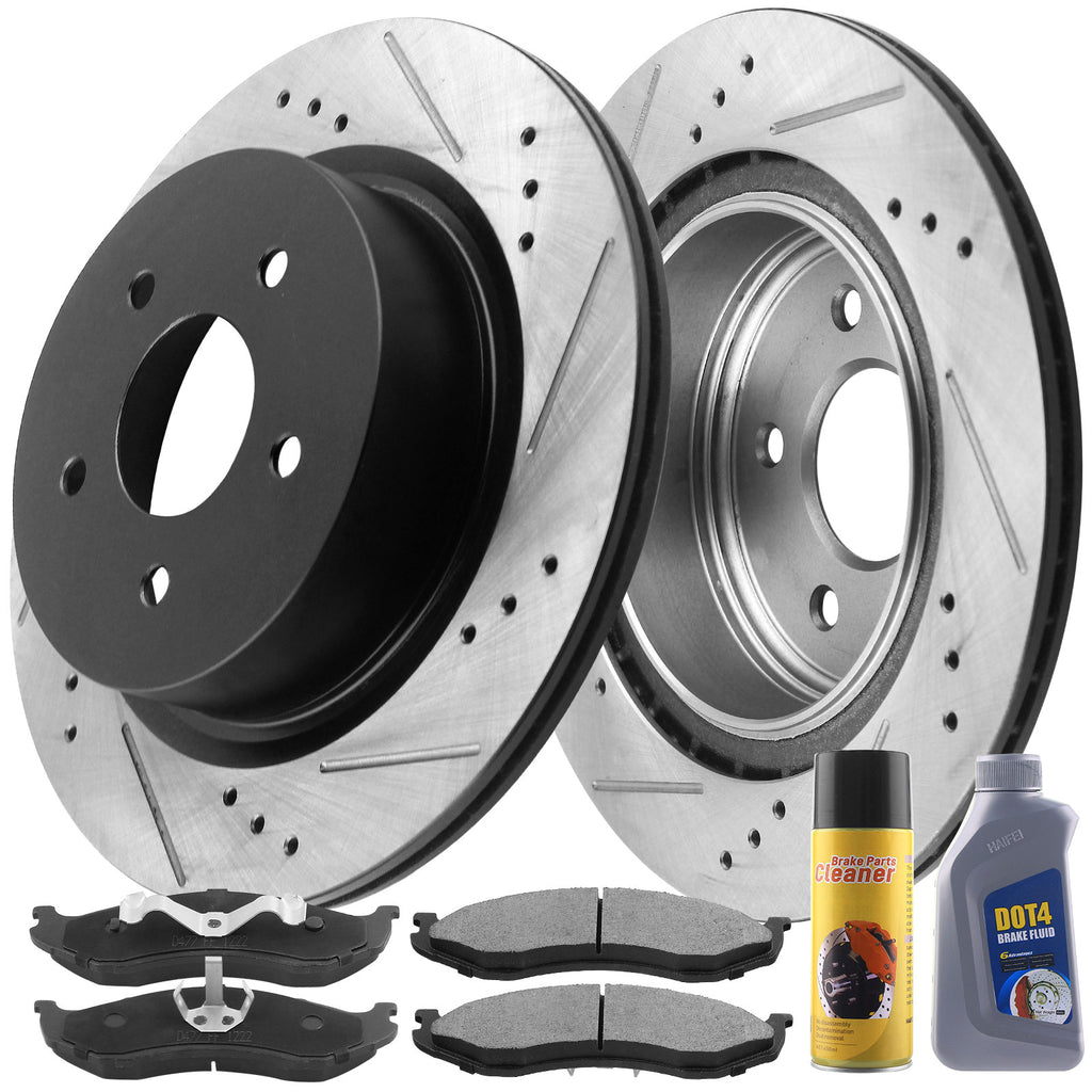 Front Drilled Slotted Disc Brake Kit Rotor w/Ceramic Brake Kit Pads w/Cleaner & Fluid for 2000 2001 Jeep Cherokee XJ, 2000-2006 Jeep Wrangler, 5 Lugs Counts-5396