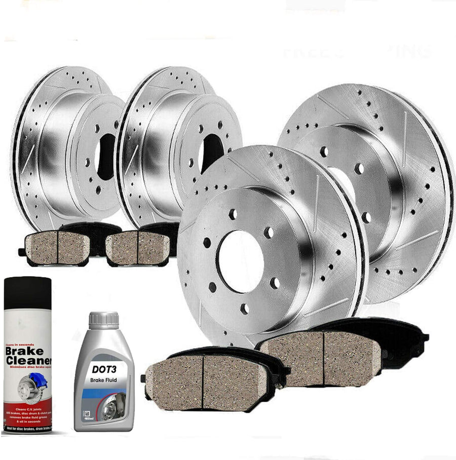 Front & Rear Drilled & Slotted Brake Rotors+Ceramic Brake Pads W/ Cleaner & Fluid Fit Ford Expedition Ford Navigator  6 Lugs-55099 55100