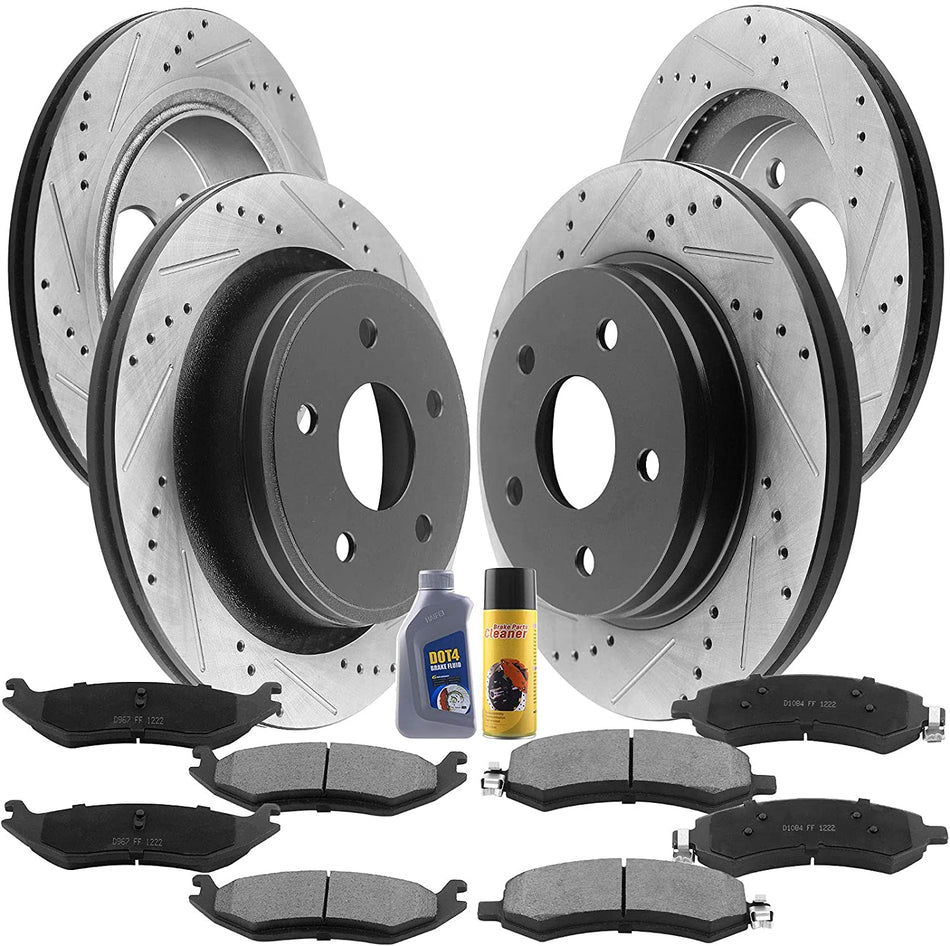Front & Rear Drilled & Slotted Disc Brake Rotors + Ceramic Pads + Cleaner & Fluid Fits for Chrysler Aspen, Dodge Dakota, Dodge Ram 1500 Pickup,Ram 1500