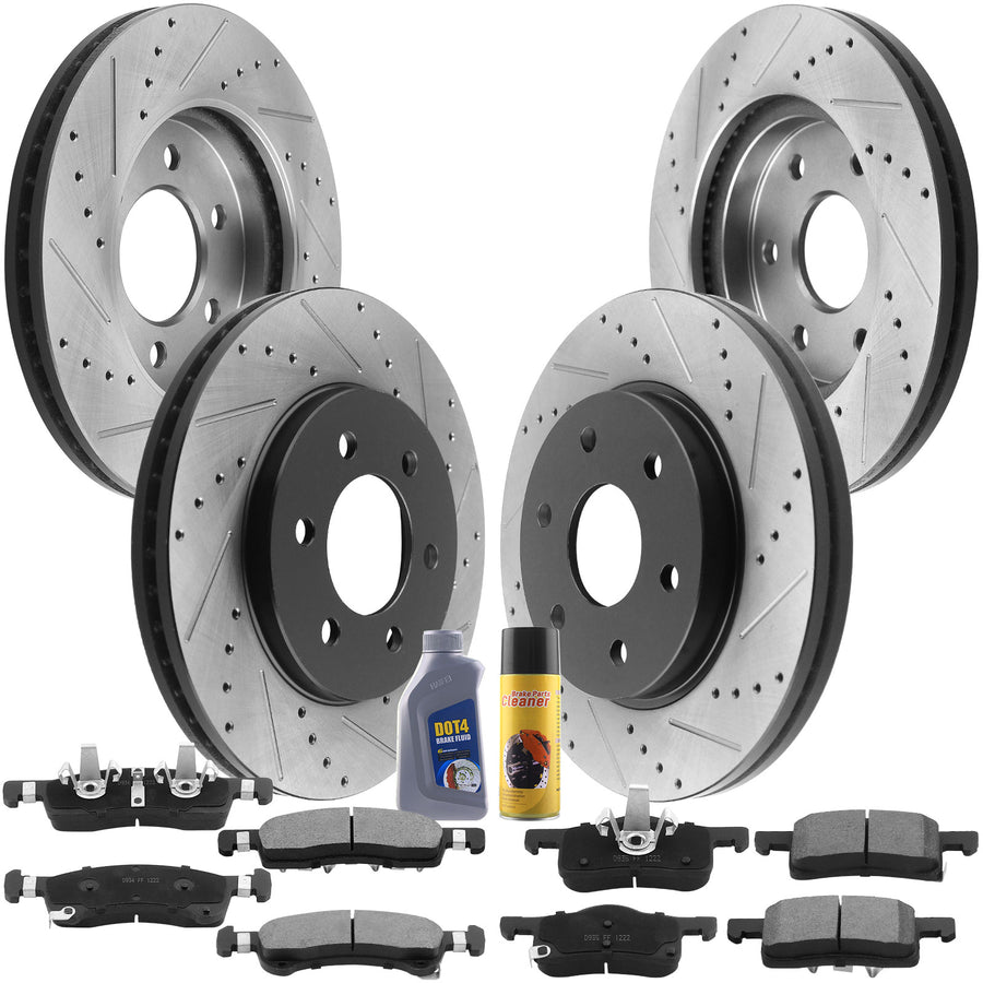 Front & Rear Drilled & Slotted Disc Brake Rotors + Ceramic Pads + Cleaner & Fluid Fits for 2003-2006 Ford Expedition, 2003-2006 Lincoln Navigator-All Models