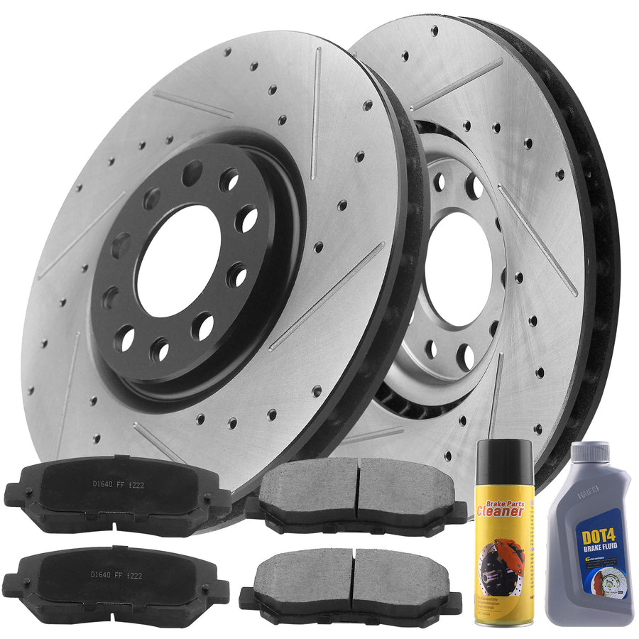 Front Drilled & Slotted Brake Discs Rotors w/Ceramic Brake Pads w/Cleaner & Fluid Fit 2013 2014 2015 2016 Dodge Dart