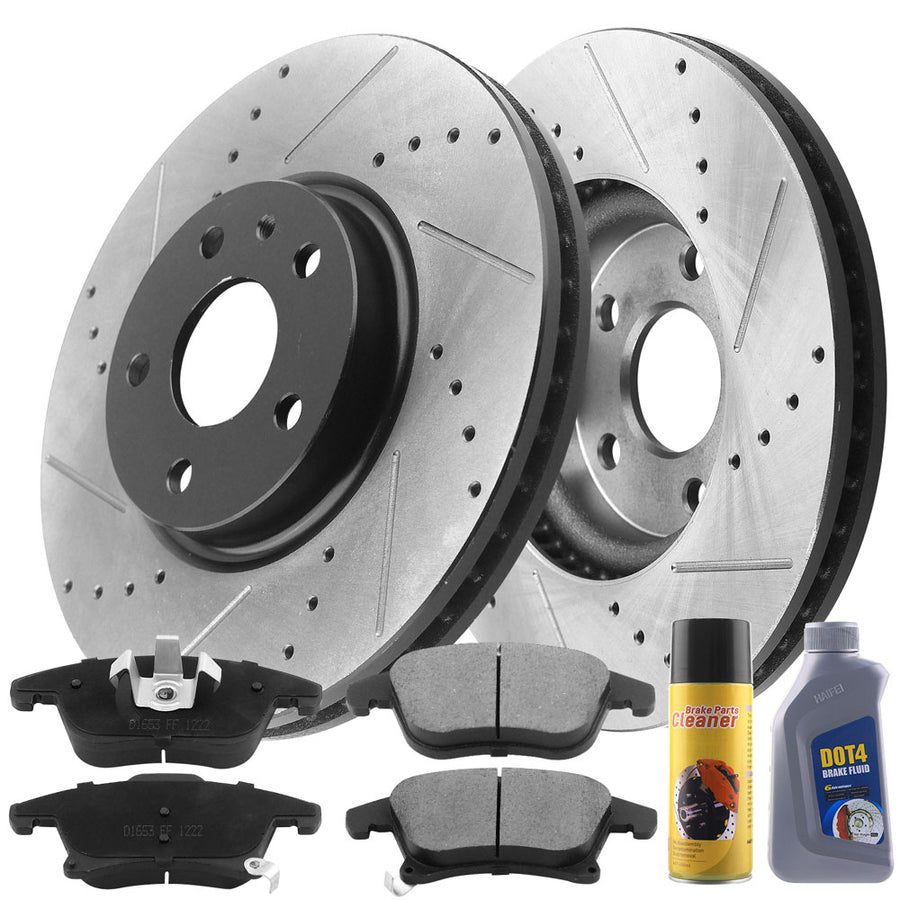 Front Drilled & Slotted Disc Brake Rotors + Ceramic Pads + Cleaner & Fluid Fits for 2013-2019 Ford Fusion, 2013-2016 Lincoln MKZ
