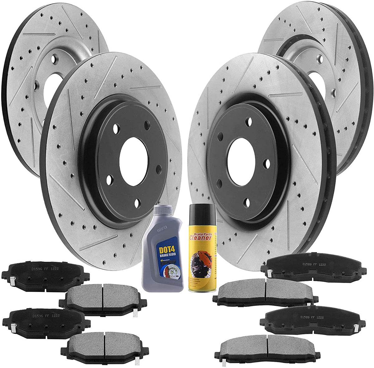 MotorbyMotor 330mm Front & 328mm Rear Drilled & Slotted Disc Brake Rotors + Ceramic Pads + Cleaner & Fluid for Chrysler Town & Country, Dodge Grand Caravan Journey, Ram C/V, Volkswagen Routan