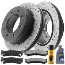 Load image into Gallery viewer, Motorbymotor Rear Brake Rotors 330mm Drilled &amp; Slotted Design Brake Rotor &amp; Brake Pad kit Including CLEANER DOT4 FLUID Fits for Chevy GMC Avalanche Suburban Sliverado Sierra Yukon XL 2500