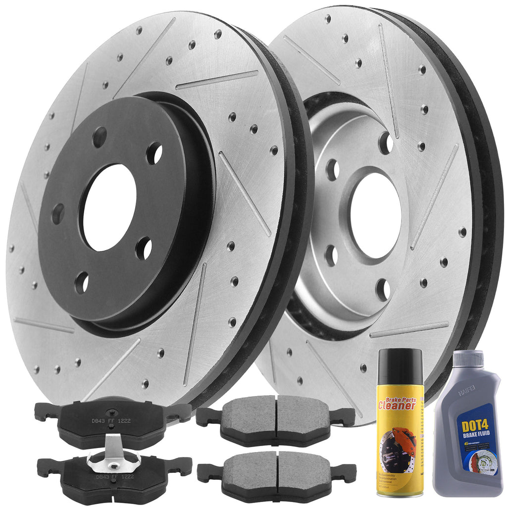 Front Drilled & Slotted Brake Rotors & Ceramic Brake Pads & Cleaner & Fluid Fit for 2000-2007 Ford Escape, 2001-2006 Mazda Tribute, 2005-2007 Mercury Mariner, 5 Lugs(Bolts Not Included)