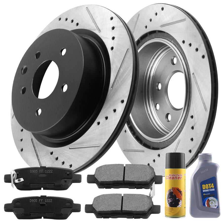 Motorbymotor Rear Brake Rotors 308mm Drilled & Slotted Design Brake Rotor & Brake Pad kit Including CLEANER DOT4 FLUID Fits for Infiniti G35 M35 M45 EX35 EX37 G25 G37 QX50,Nissan 350Z 370Z