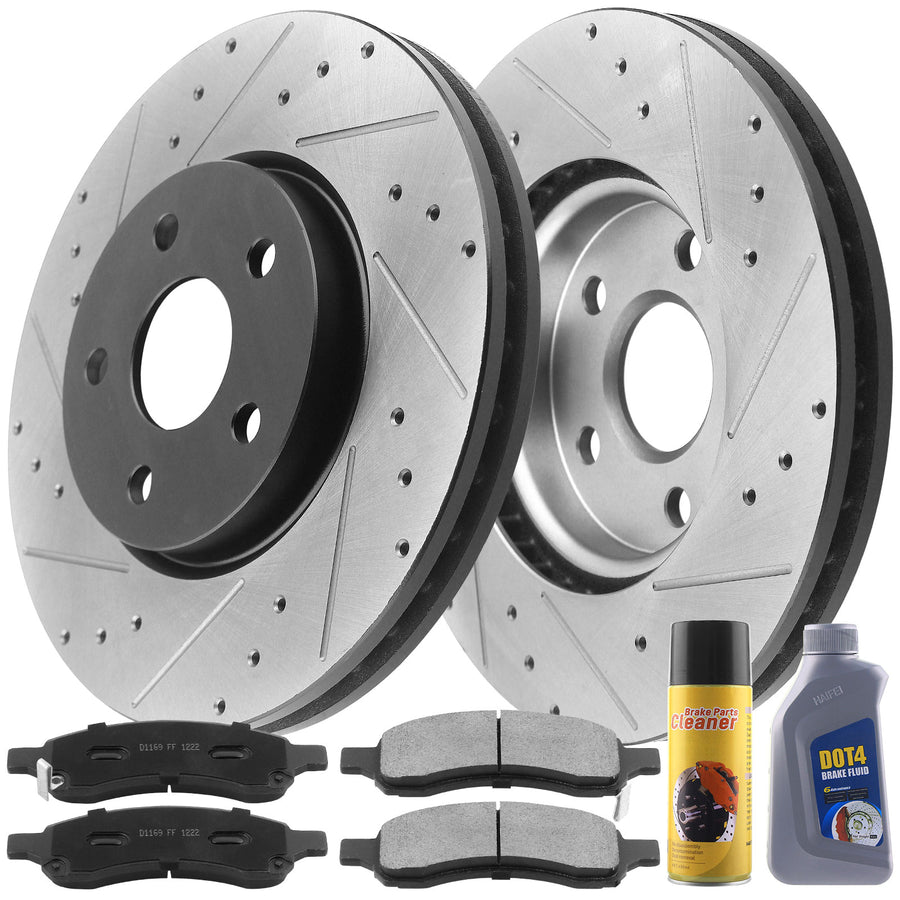 Front Drilled & Slotted Disc Brake Rotors w/Ceramic Pads w/Cleaner & Fluid Fits for 2009-2012 Chevy Colorado, 2009-2012 GMC Canyon