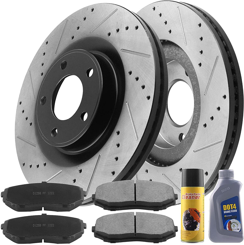Front Drilled Disc Brake Rotors + Ceramic Brake Pads + Cleaner & Fluid Fit 2007-2009 Ford Edge, 2007-2009 Lincoln MKX, 5 Lugs Count-54154