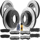 Front & Rear Drilled & Slotted Disc Brake Rotors + Ceramic Pads + Cleaner & Fluid Fits for Lexus LX570, Toyota Land Cruiser/Sequoia/Tundra