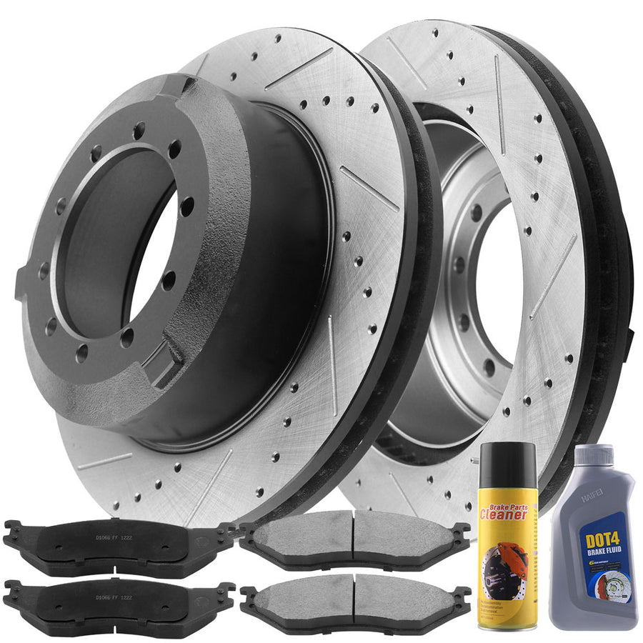 Rear Drilled & Slotted Disc Brake Rotors + Ceramic Pads + Cleaner & Fluid Fits for 2005-2016 Ford F-450 Super Duty, 2005-2016 Ford F-550 Super Duty