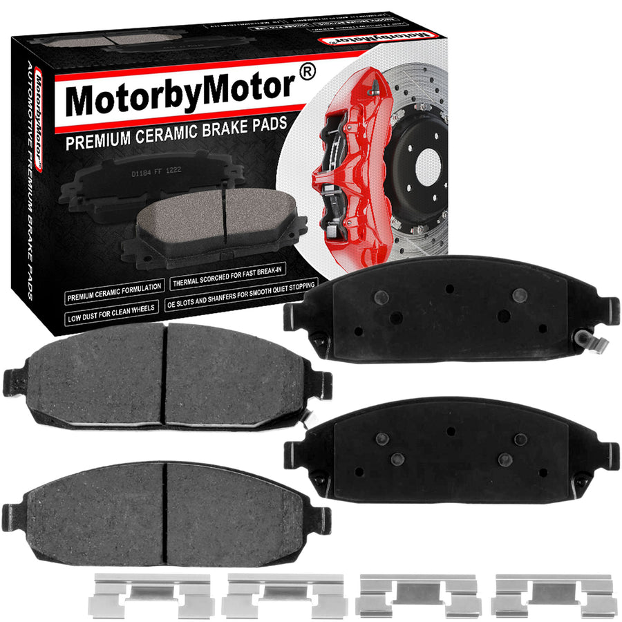 MotorbyMotor Front Ceramic Brake Pads with Hardware Kits Jeep Commander 2006-2010, Jeep Grand Cherokee 2005-2010 (Excludes SRT-8 Models) Low Dust Brake Pad