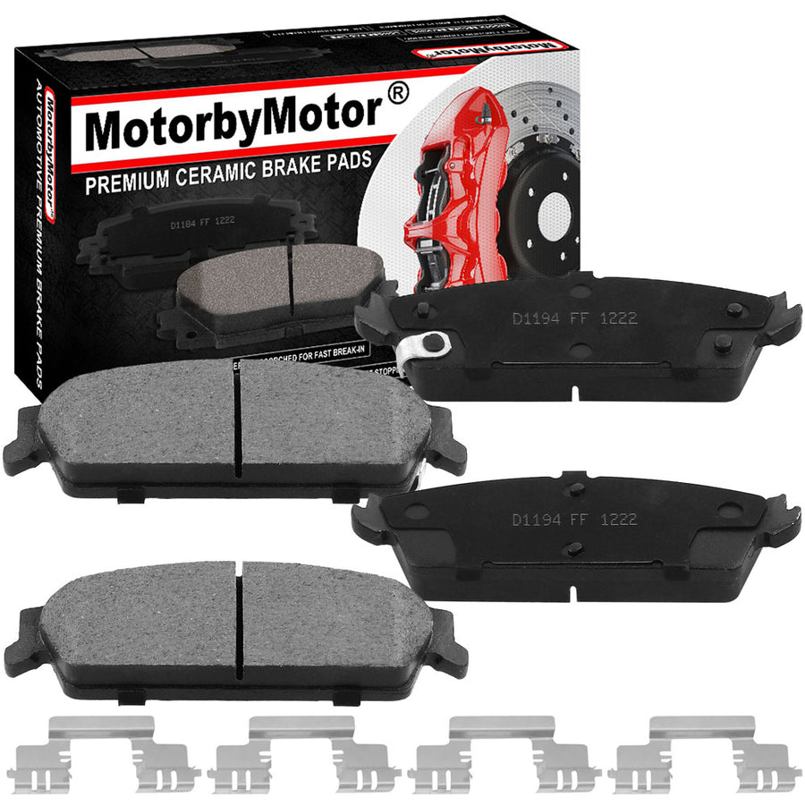 Front Ceramic Brake Pads w/Hardware Kits Fits for Cadillac Escalade ESV EXT, Chevrolet Avalanche Tahoe Suburban Silverado 1500, GMC Sierra 1500 Yukon 1500-Low Dust Brake Pad-4 Pack