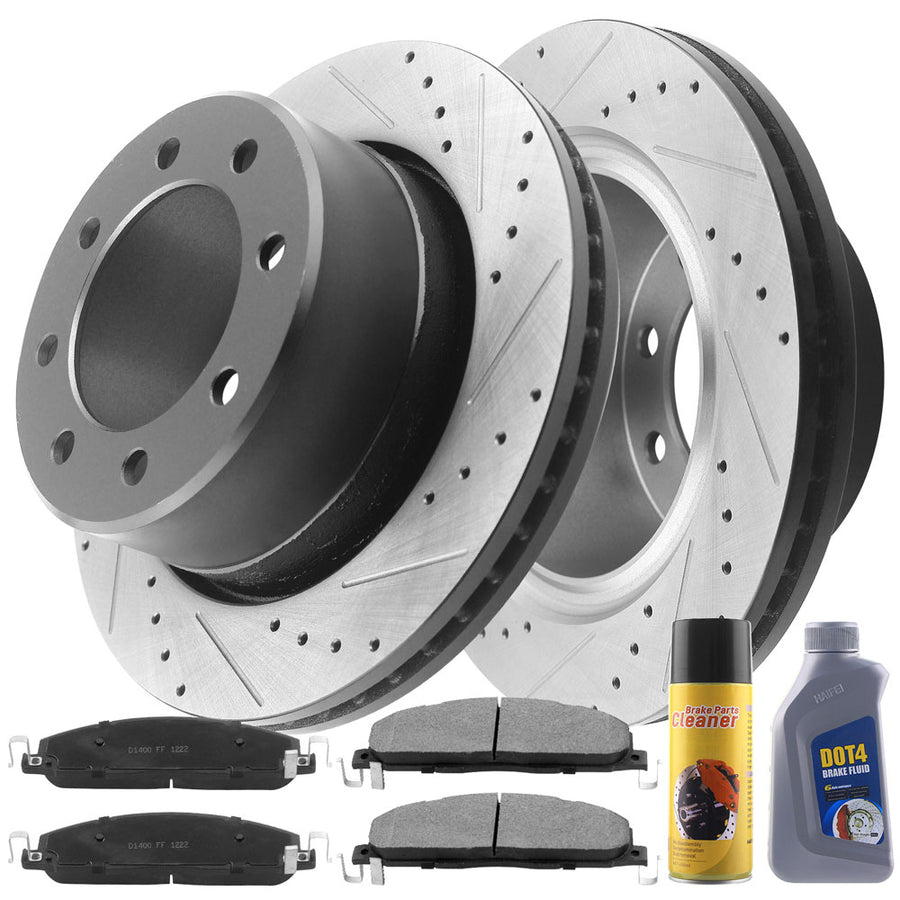 MotorbyMotor Rear Brake Rotors & Brake Pad Kit 358mm Drilled & Slotted Design Including CLEANER DOT4 FLUID Fits for Dodge Ram 2500 3500 Pickup, Dodge Ram 2500 2300 4000