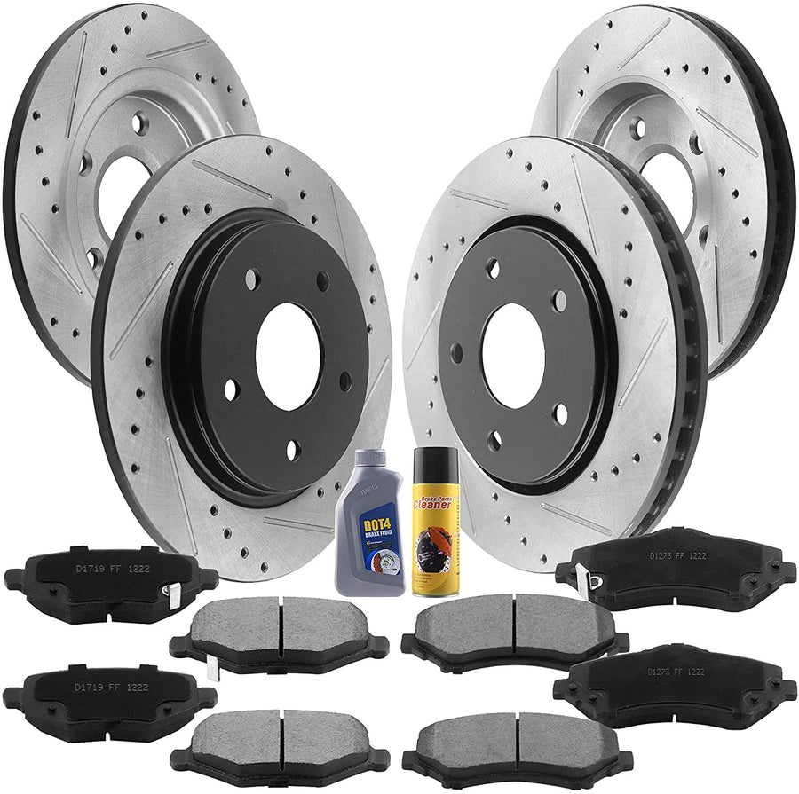 Front & Rear Drilled & Slotted Disc Brake Rotors + Ceramic Pads + Cleaner & Fluid Fits for Chrysler Town & Country, Dodge Grand Caravan, Dodge Journey, Ram C/V