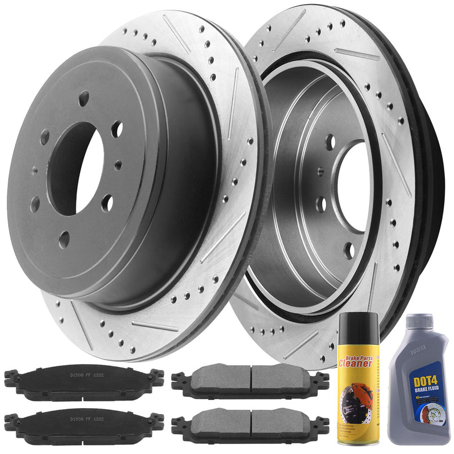 Ford Focus Rear Brake Rotors & Brake Pad Kit 348mm Drilled & Slotted Design Including CLEANER DOT4 FLUID Fits for Ford F-150 2004-2011, Lincoln Mark LT 2006-2008