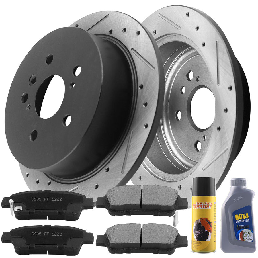 MotorbyMotor Rear Brake Rotors & Brake Pad Kit 291mm Drilled & Slotted Design Including CLEANER DOT4 FLUID Fits for Toyota Sienna 2004-2010