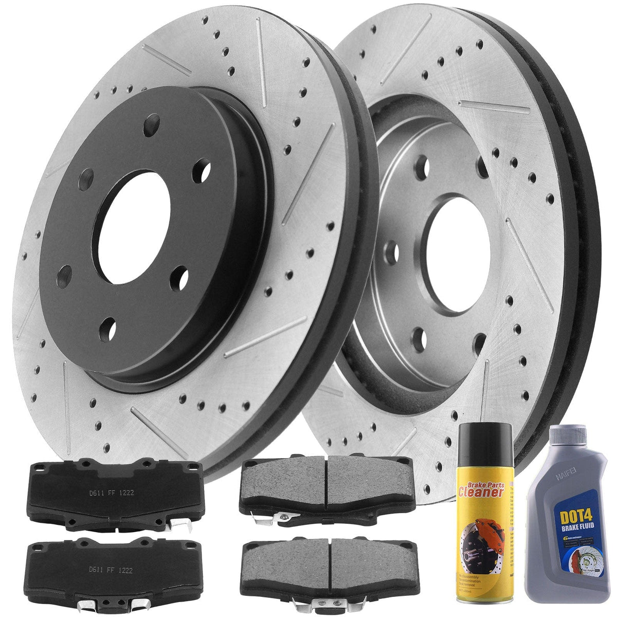 MotorbyMotor 297mm Front Drilled & Slotted Disc Brake Rotors + Ceramic Pads + Cleaner & Fluid Toyota 4Runner Tacoma-4WD, 6 Lugs Wheel Holes
