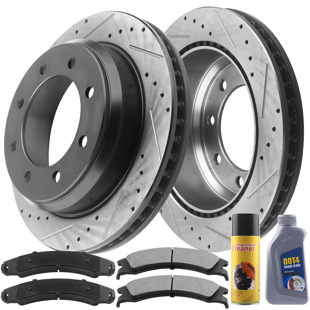 Rear Drilled & Slotted Brake Discs Rotors + Ceramic Brake Pads w/Cleaner & Fluid Fit Ford Excursion Ford F-250 F-250 Super Duty 8 Lugs-54074