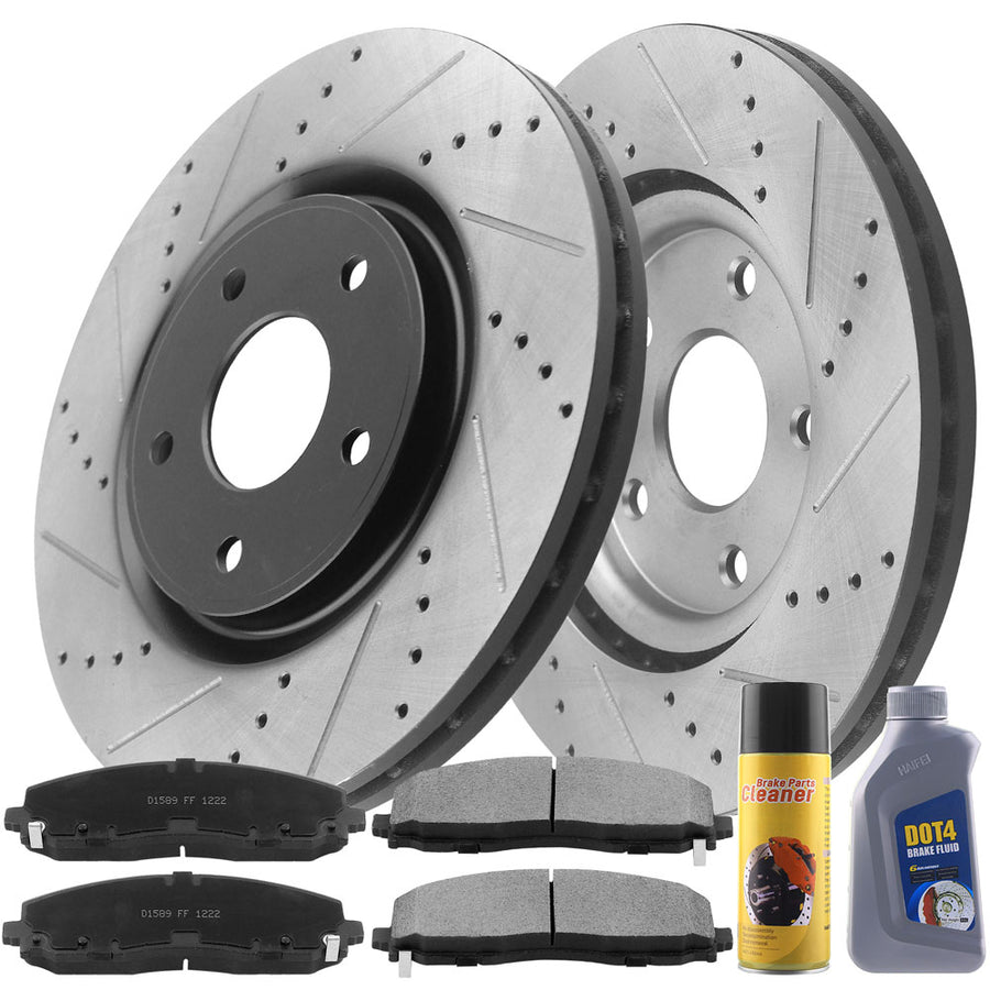 Front Drilled & Slotted Disc Brake Rotors + Ceramic Pads + Cleaner & Fluid Fits for 17-20 Chrysler Pacifica/Town & Country, Dodge Grand Caravan/Journey, Ram C/V, Volkswagen Routan