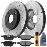 Front Drilled & Slotted Brake Rotors w/Ceramic Brake Pads w/Cleaner & Fluid Fit for 2005 2006 2007 Ford Focus(Not SVT Models) Front Brake Pads Brake Rotors, 4 Lugs(Bolts Not Included)