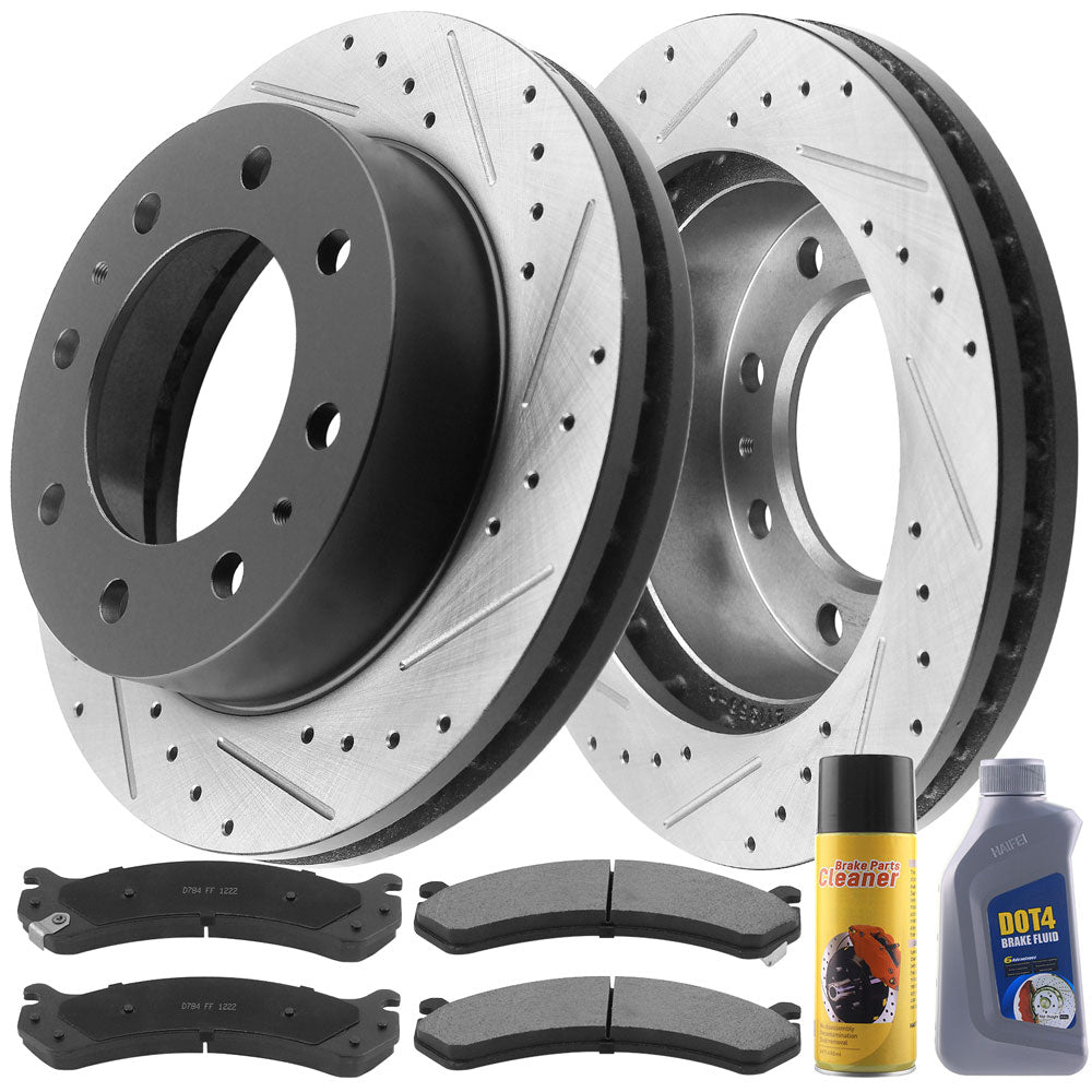 Front Slotted Drilled Brake Rotors w/Ceramic Brake Pads + Cleaner & Fluid Fit Chevy Silverado, GMC Sierra 2500 HD,Chevrolet Avalanche 2500 Vented Disc Brake Rotor Pads,8 Lugs Count-55062