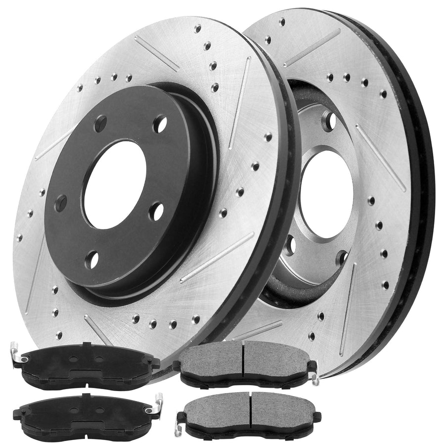 Rear Drilled & Slotted Disc Brake Rotors + Ceramic Pads + Cleaner & Fluid Fits for Ford Edge, Ford Fusion, Lincoln MKX, Lincoln Continental, Lincoln MKZ, Lincoln Mautilus