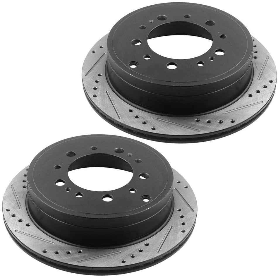 Rear Drilled & Slotted Disc Brake Rotors + Ceramic Pads + Cleaner & Fluid Fits for 2008-2019 Lexus LX570, 2008-2020 Toyota Land Cruiser, 2008-2020 Toyota Sequoia, 2007-2020 Toyota Tundra