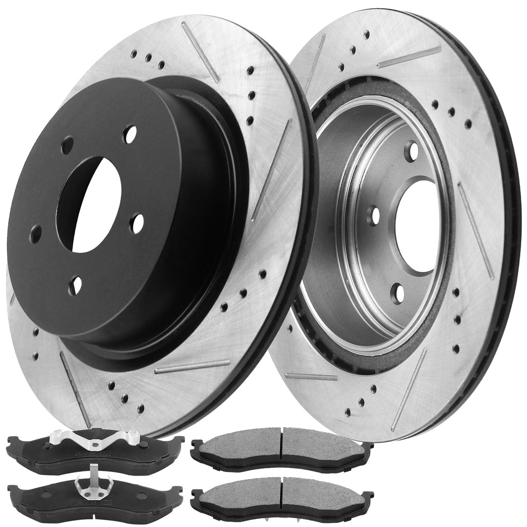 MotorbyMotor-Front Drilled & Slotted Brake Rotors w/Ceramic Brake Pads w/Cleaner & Fluid Fits for Jeep Cherokee XJ, Jeep Comanche, Jeep Wagoneer, Jeep Grand Cherokee
