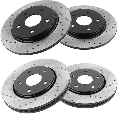 Front & Rear Drilled & Slotted Disc Brake Rotors + Ceramic Pads + Cleaner & Fluid Fits for Chrysler Town & Country, Dodge Grand Caravan, Dodge Journey, Ram C/V