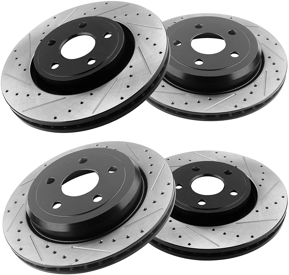 MotorbyMotor 350mm Front & Rear Drilled & Slotted Disc Brake Rotors + Ceramic Pads + Cleaner & Fluid 2011-2019 Dodge Druango (V8 5.7L), 2011 - 2019 Jeep Grand Cherokee (Excluding SRT Models)