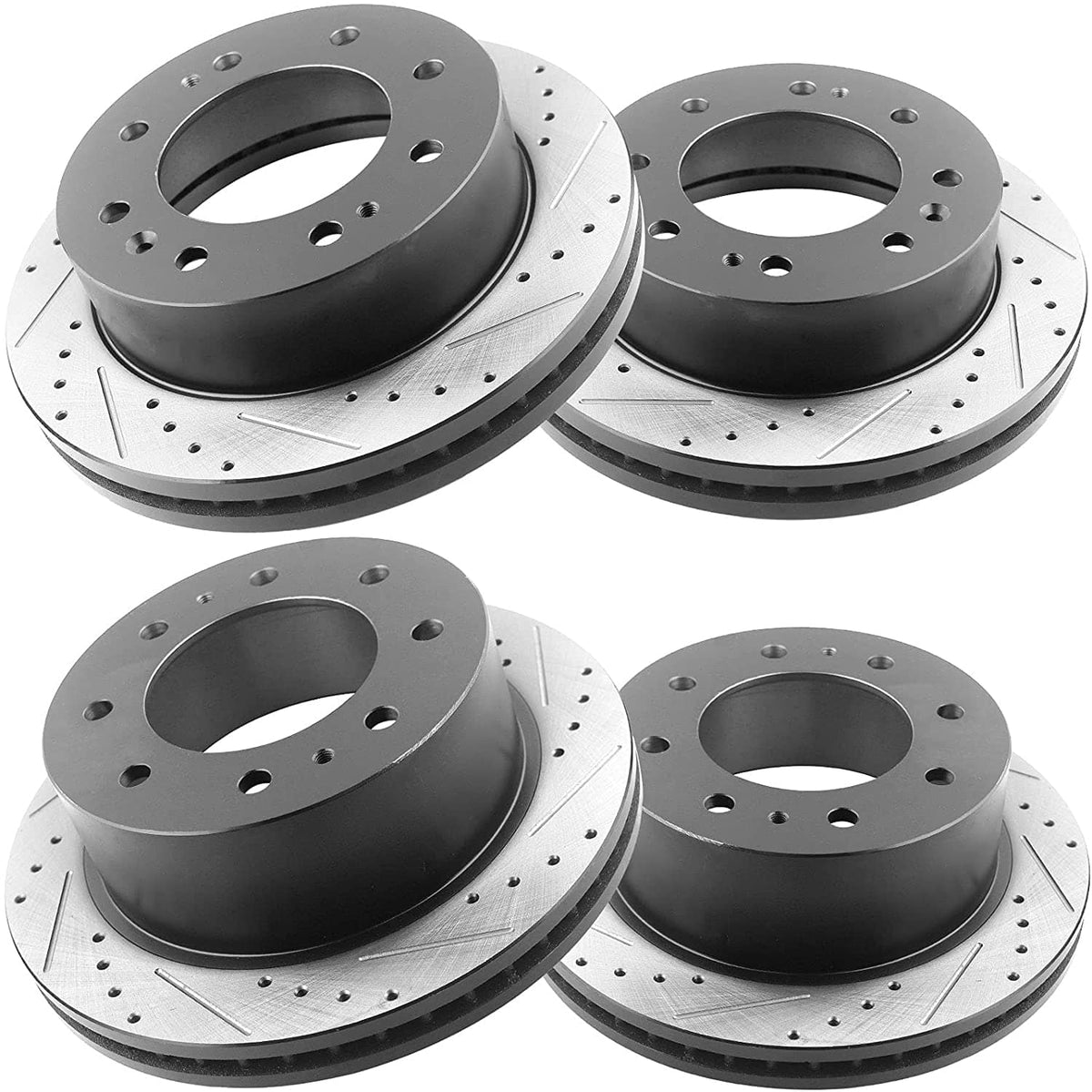 Front Rear Drilled Slotted Disc Brake Rotors + Ceramic Pads + Cleaner Fluid Fits for Chevy Silverado 2500 HD 3500 HD, GMC Sierra 2500 HD 3500 HD
