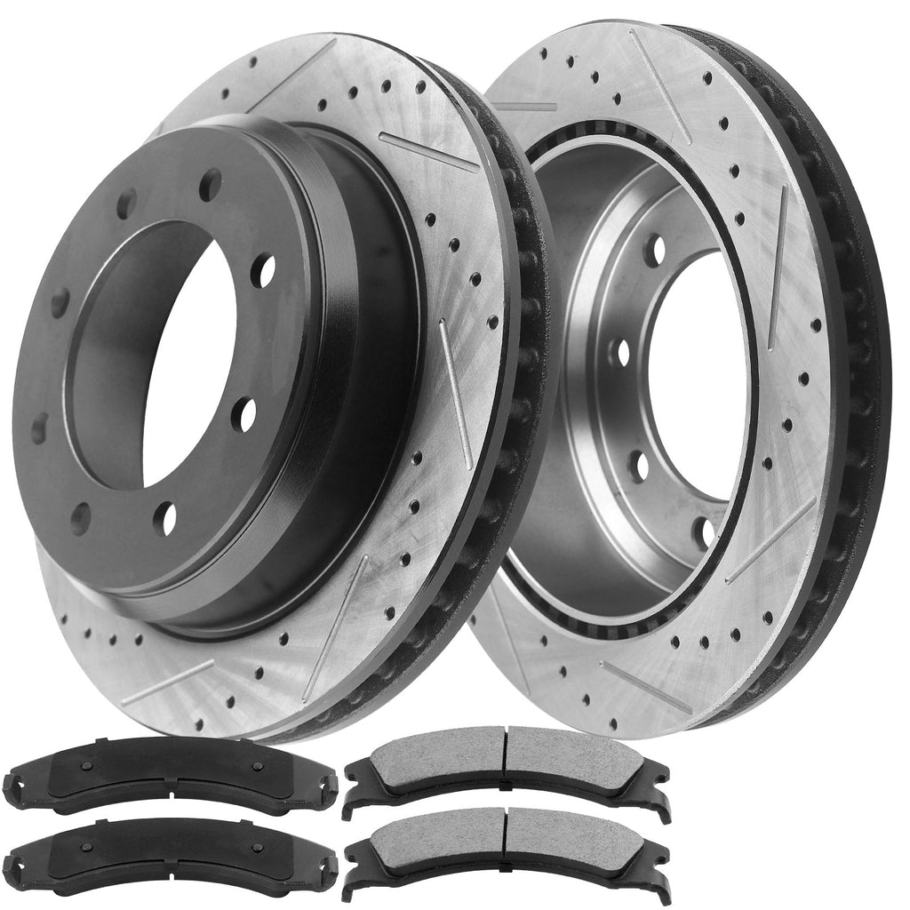 Rear Drilled & Slotted Brake Discs Rotors + Ceramic Brake Pads w/Cleaner & Fluid Fit Ford Excursion Ford F-250 F-250 Super Duty 8 Lugs-54074
