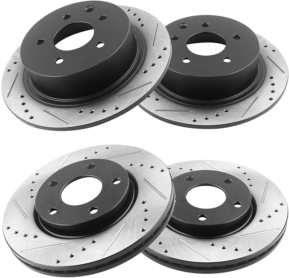 Front & Rear Drilled & Slotted Disc Brake Rotors + Ceramic Pads + Cleaner & Fluid Fits for 2013 2014 2015 2016 2017 2018 2019 Nissan Sentra