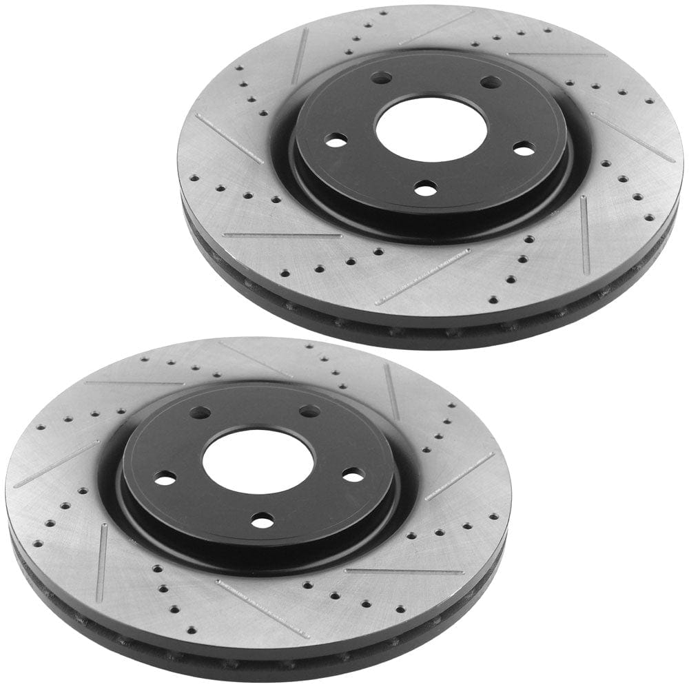 Front Drilled & Slotted Disc Brake Rotors + Ceramic Pads + Cleaner & Fluid Fits for 17-20 Chrysler Pacifica/Town & Country, Dodge Grand Caravan/Journey, Ram C/V, Volkswagen Routan