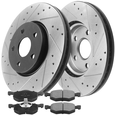 Front Drilled & Slotted Brake Rotors & Ceramic Brake Pads & Cleaner & Fluid Fit for 2000-2007 Ford Escape, 2001-2006 Mazda Tribute, 2005-2007 Mercury Mariner, 5 Lugs(Bolts Not Included)